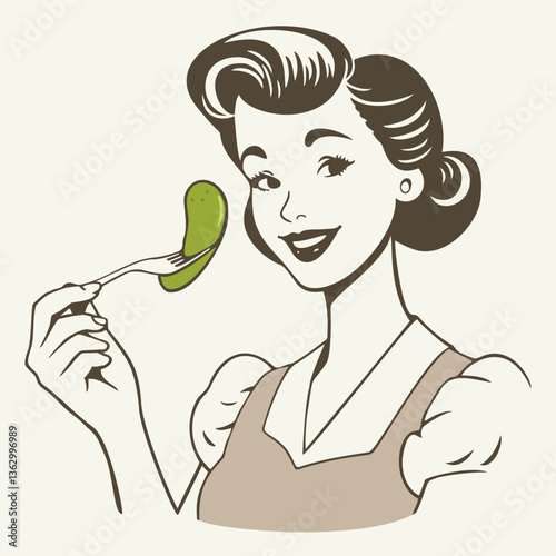 Young woman with pickle on fork. Vintage vector illustration