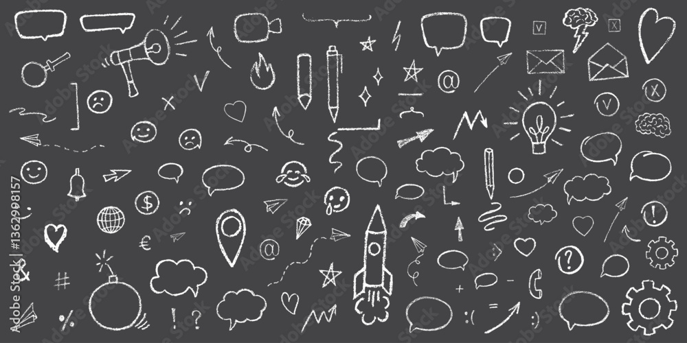 Hand drawn grunge texture doodle set with tick, mark, checkboxes, correct or wrong symbols. Chalk or crayon effect vector elements isolated on black background for underline in business presentation. Hand drawn grunge texture doodle set with tick, mark, checkboxes, correct or wrong symbols. Chalk or crayon effect vector elements isolated on black background for underline in business presentation.