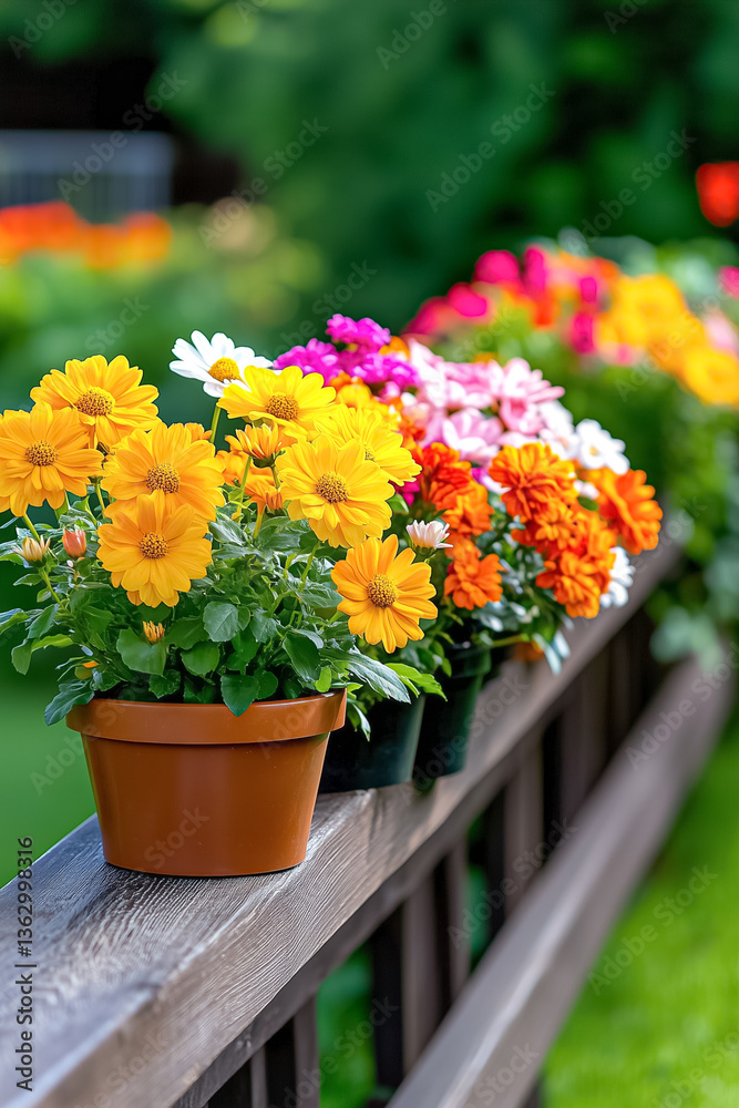 Bright flowers in various colors arranged in pots on wooden railing. Lush garden setting with green backdrop. Concept of landscaping, gardening, outdoor decor Bright flowers in various colors arranged in pots on wooden railing. Lush garden setting with green backdrop. Concept of landscaping, gardening, outdoor decor