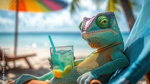 Cool chameleon relaxing on a beach with a tropical drink, wearing a stylish hat and shirt, relaxes on a beach chair
