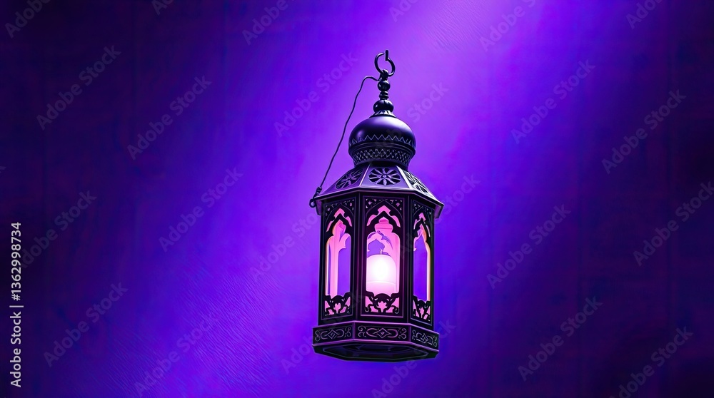 Illuminated ornamental lantern with purple glow in dark setting Illuminated ornamental lantern with purple glow in dark setting