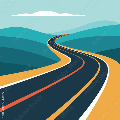An empty asphalt highway line leads a long summer journey through a rural mountain landscape under a vast sky