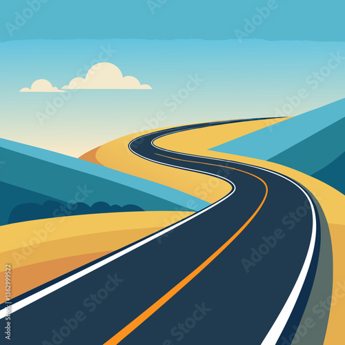 An empty asphalt highway line leads a long summer journey through a rural mountain landscape under a vast sky