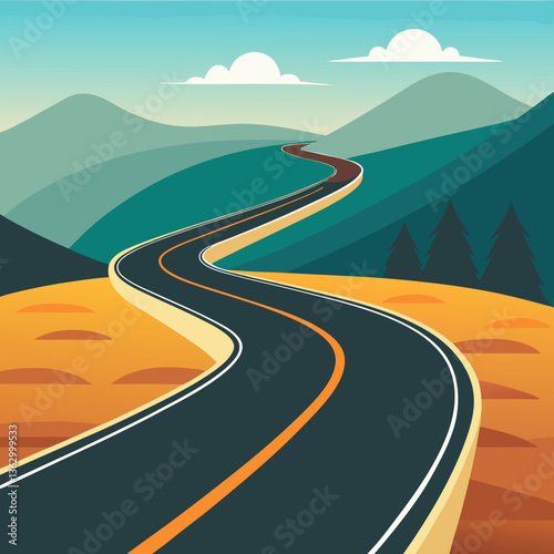 An empty asphalt highway line leads a long summer journey through a rural mountain landscape under a vast sky