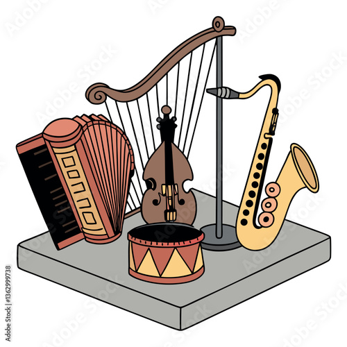 Musical instrument set. Accordion, guitar, harp, ethnic drum, violin, saxophone. Can be used for orchestra, acoustic concert, music, school concept vector