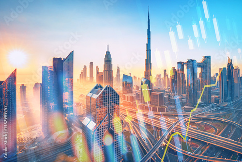 Dubai skyline at sunset with Burj Khalifa - aerial view, United Arab Emirates