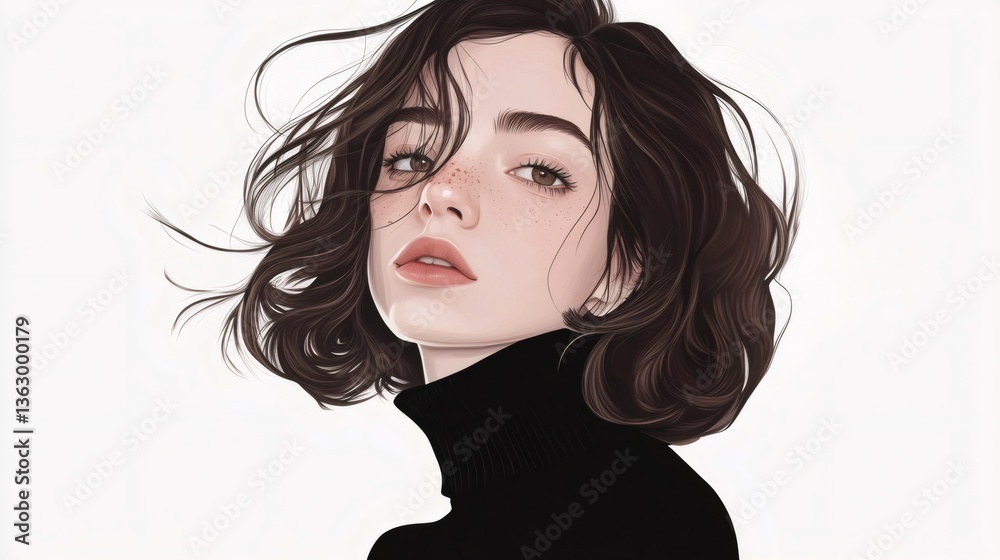 Stylish young woman with turtleneck and freckles posing with wind blown hair