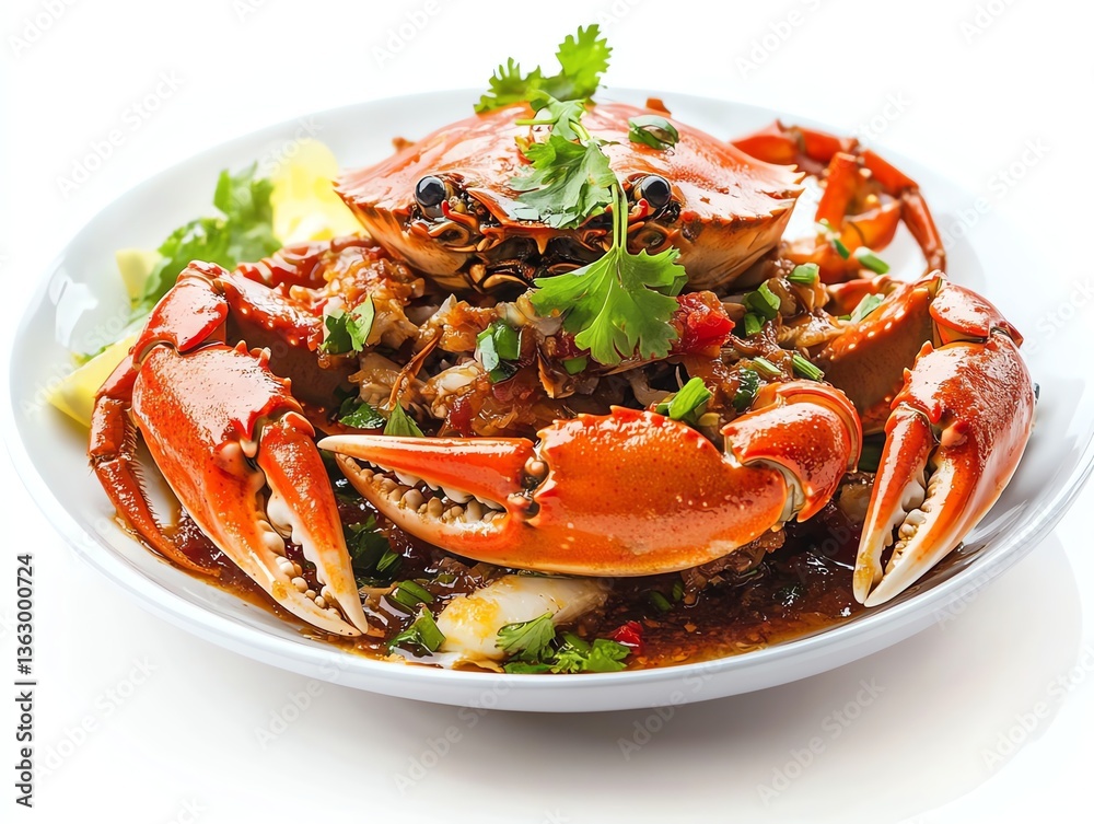 Delicious Cooked Crab Dish with Sauce on Plate Ready to Eat Delicious Cooked Crab Dish with Sauce on Plate Ready to Eat