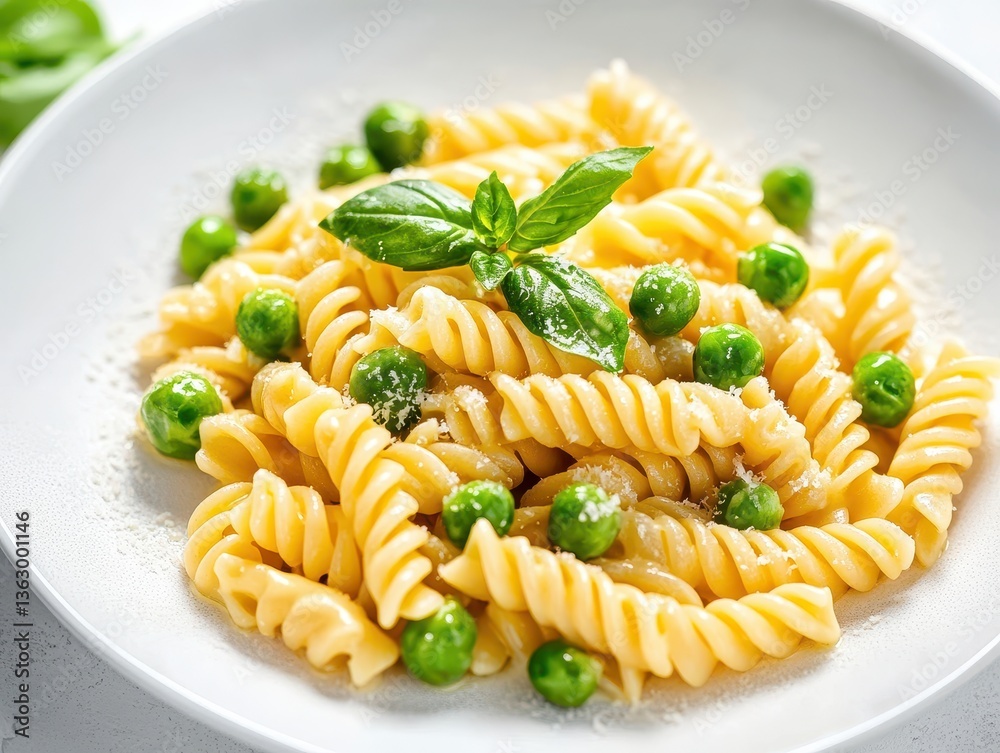 Delicious and Creamy Fusilli Pasta with Fresh Green Peas and Basil Garnish Served in a White Plate on a Minimalist Background Delicious and Creamy Fusilli Pasta with Fresh Green Peas and Basil Garnish Served in a White Plate on a Minimalist Background