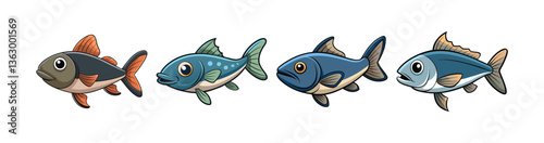 Set of Striking Coalfish in Underwater Scene Illustration