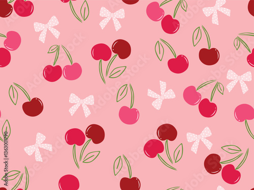 BOW TIE AND CHERRIES CONVERSATIONAL SEAMLESS PATTERN ALL OVER PERINT WITH PINK PLAIN BACKGROUND VECTOR ILLSUTRATION