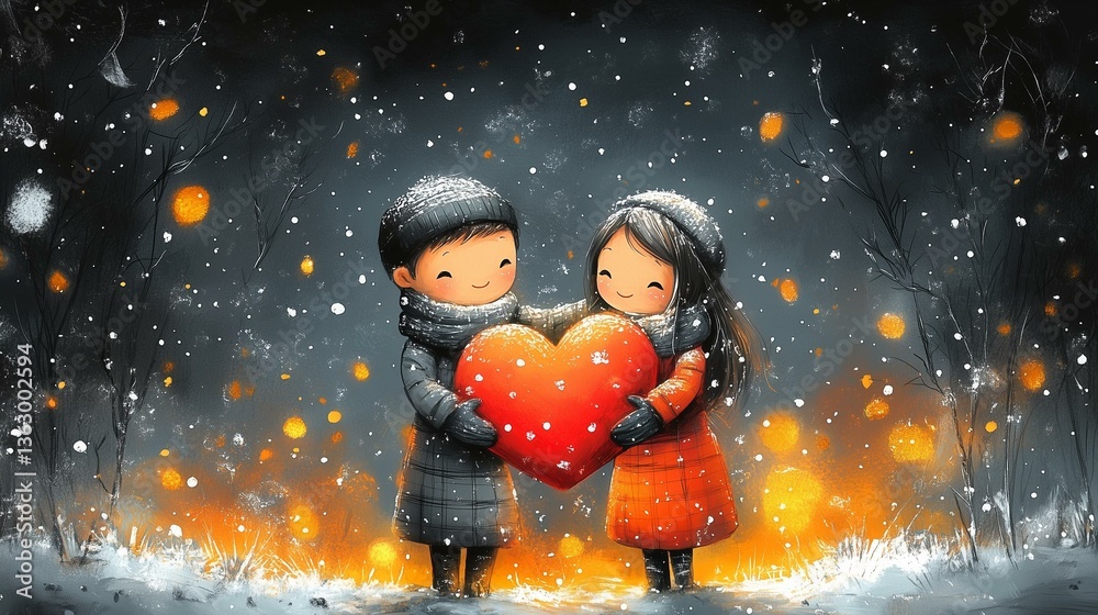 A heartwarming scene of two children sharing a glowing red heart in a snowy night with magical lights A heartwarming scene of two children sharing a glowing red heart in a snowy night with magical lights