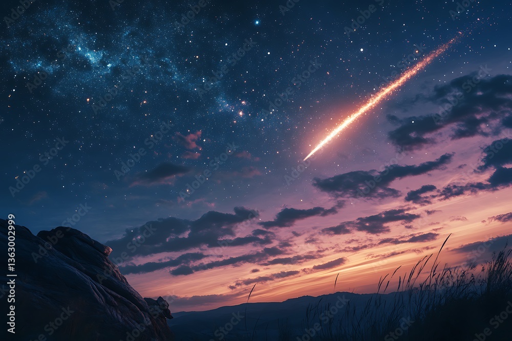 Obraz premium A comet in the sky over the field at night