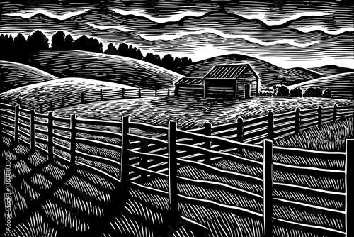 fenced ranch in farm field at sunrise black and white sketch hand drawn outline