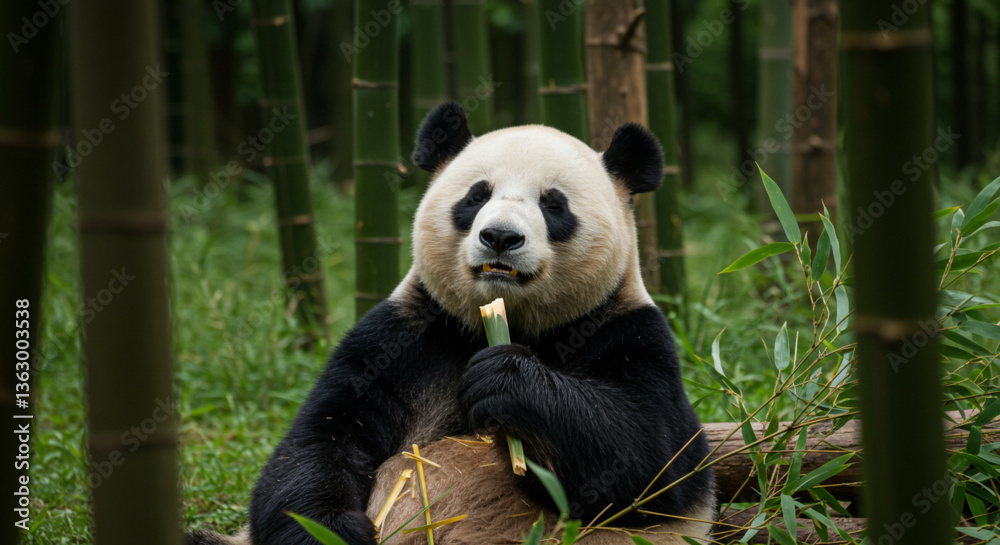 Obraz premium Giant Panda Eating Bamboo in Forest, Close-up Portrait
