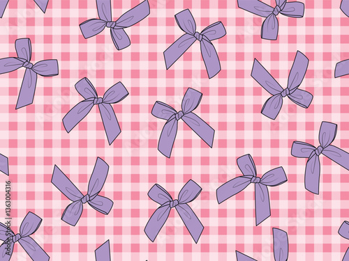 BOW TIE WITH GINGHAM BACKGROUND SEAMLESS PATTERN ALL OVER PRINT VECTOR ILLUSTRATION