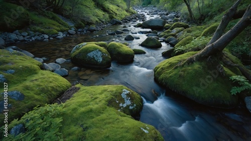 A serene river scene with moss-covered rocks surrounded by lush greenery.