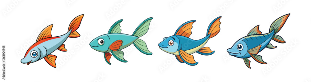 Set of Dynamic Flying Fish in Vibrant Marine Art Set of Dynamic Flying Fish in Vibrant Marine Art