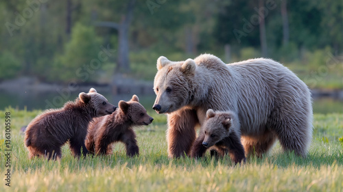 Brown Bear Family in Grassland