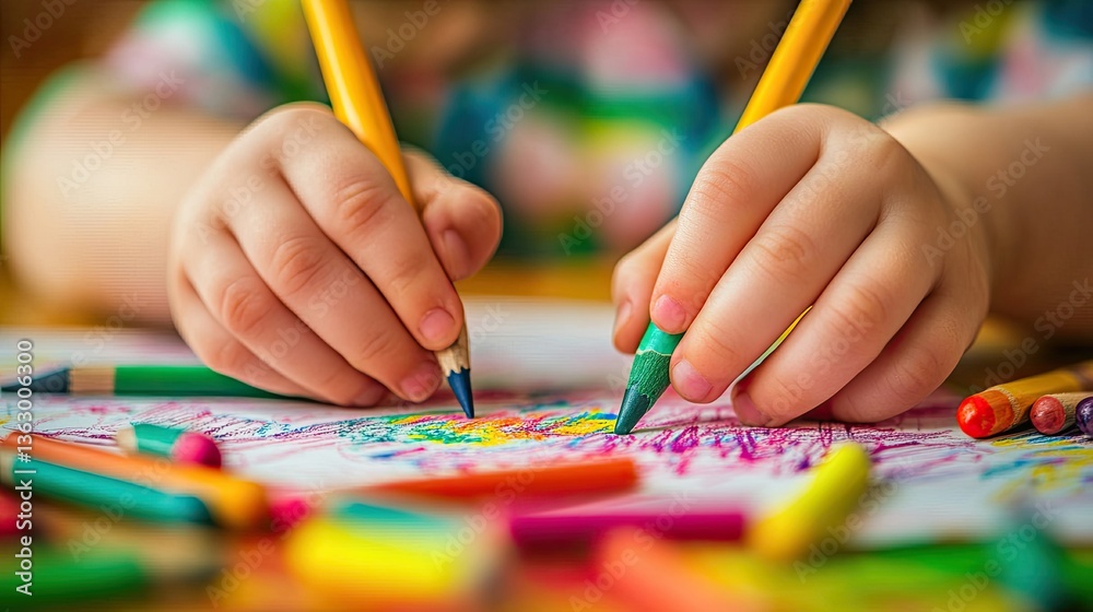 Fototapeta premium Child's Hands Creating Colorful Art with Crayons and Colored Pencils