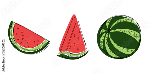 Vector illustration sketch of a whole green watermelon, red different watermelon slices, isolated on white, flat design. Bright juicy sweet summer fruit, berry, dessert. Drawn manually with a line