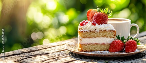 Delicious strawberry cake with coffee outdoor garden food photography natural light close-up shot culinary delight