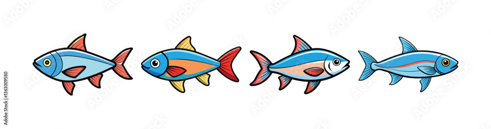 Set of  Neon Tetra Fish Illustration with Bright Colors