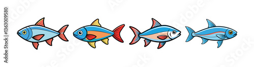 Set of  Neon Tetra Fish Illustration with Bright Colors