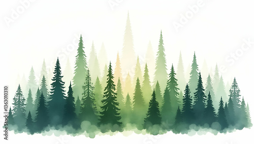 Watercolor Illustration of a Majestic Tall Redwood Tree Towering Over the Forest - Simple Flat Design Art Concept Showcasing Nature's Grandeur on White Background