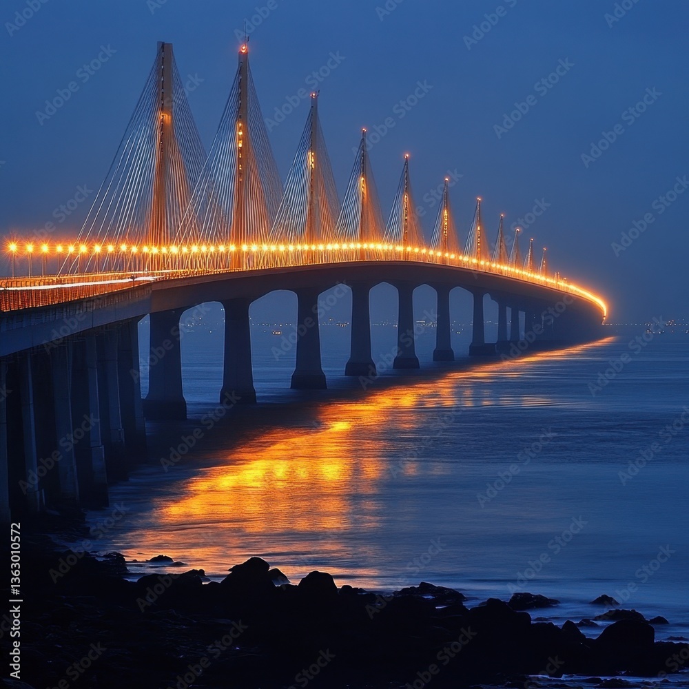 Fototapeta premium Serene bridge illuminated at night reflecting in tranquil water under a dark blue sky creating a peaceful scene