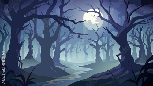 A foggy, haunted forest where twisted trees cast eerie shadows under a pale moonlight