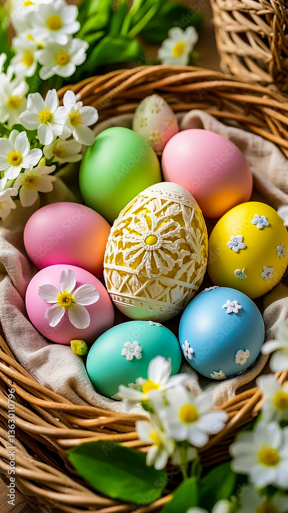 A colorful spring basket filled with painted Easter eggs, a traditional holiday symbol A colorful spring basket filled with painted Easter eggs, a traditional holiday symbol