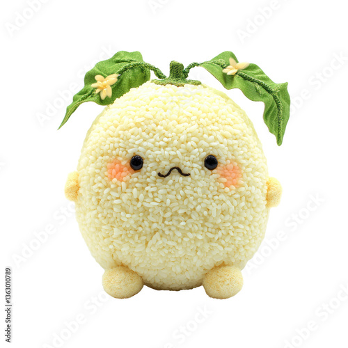 Adorable Rice Ball Character with Green Leaves - Kawaii Food Mascot