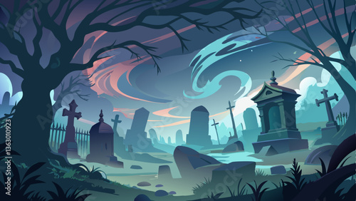A dark, misty graveyard with ancient tombstones and chilling whispers carried by the wind