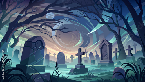 A dark, misty graveyard with ancient tombstones and chilling whispers carried by the wind