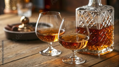 Indulge in Luxury: Rich Cognac in Crystal Glassware. A sophisticated spirits tasting experience captured in a warm, inviting atmosphere. Perfect for advertising campaigns, websites, and luxury        