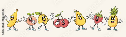 Vector collection of fruits. Groovy retro cartoon style. Banana, peach, lemon, cherries, pear, strawberry and pineapple