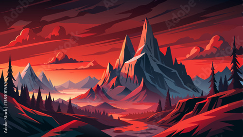 A chilling mountain landscape where eerie fog surrounds jagged peaks under a blood-red sky