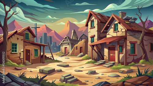 A desolate, abandoned village where broken windows and creaking doors echo in the silence