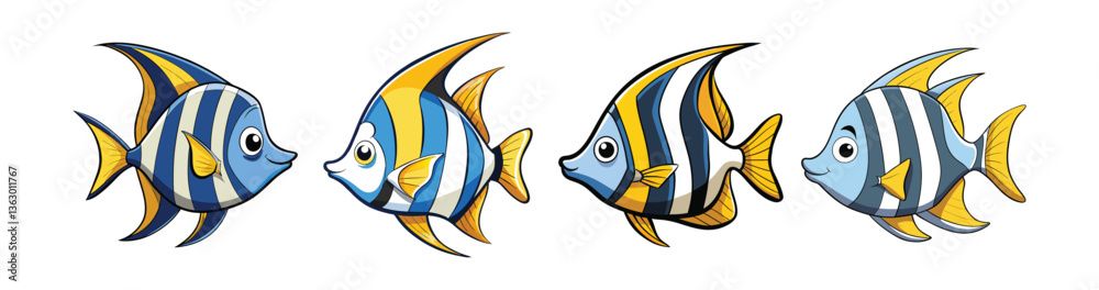 Naklejka premium Set of Wandering Angel Fish Realistic Illustration with Bright Colors