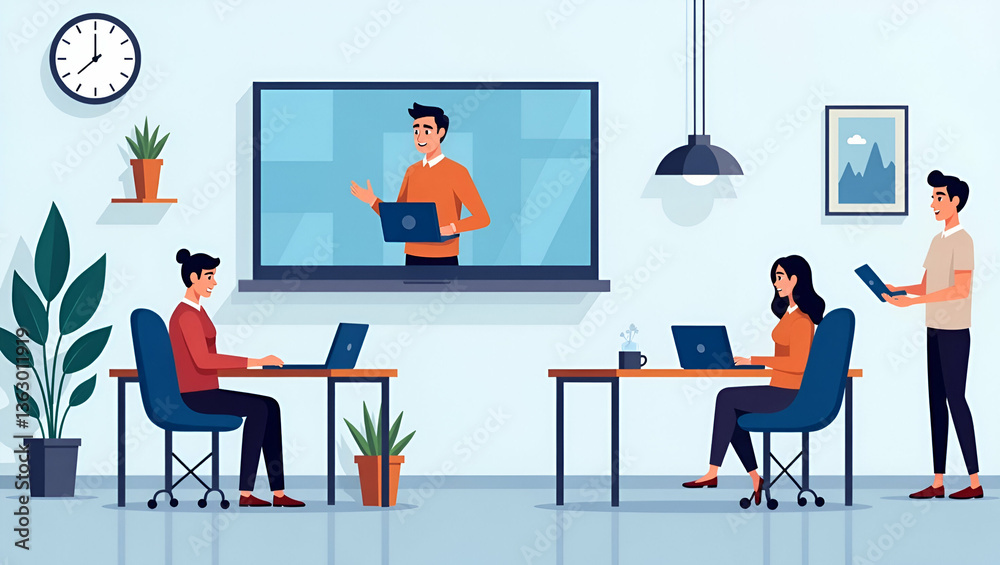 Remote Work Video Conference: Flat Vector People Collaborating Online Remote Work Video Conference: Flat Vector People Collaborating Online