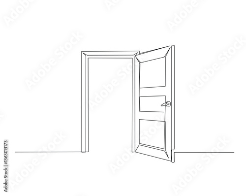 Door outline drawing illustration. one continuous line drawing of opened door.