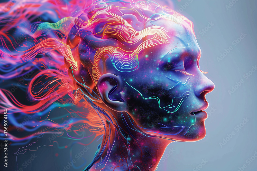 Vibrant Digital Artwork Depicting a Human Profile Enveloped in Luminous Neon Lines and Cosmic Particles, Symbolizing Mind and Universe Connection