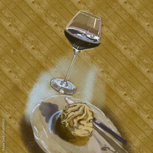 red wine on a wooden table and cream cake
