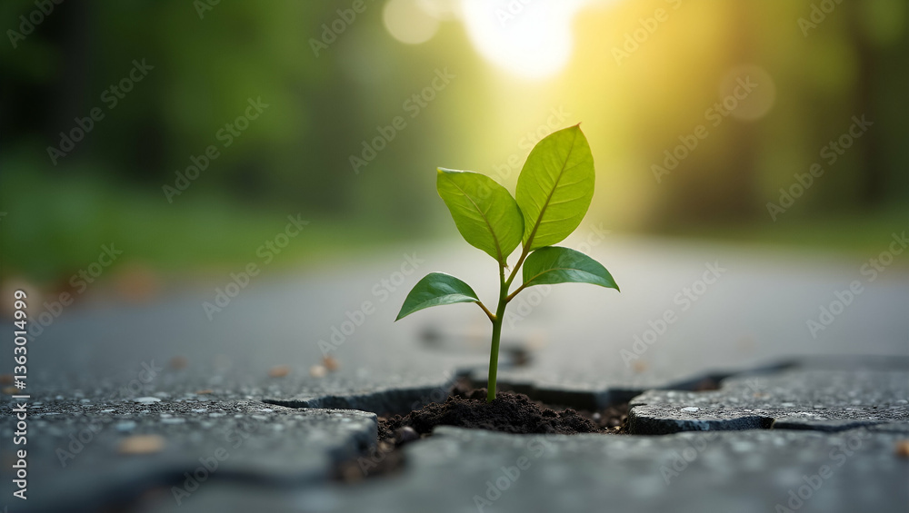 Tiny Plant Resiliently Growing Through Concrete: A Symbol of Persistence and New Opportunities in Business Development and Personal Growth - Stock Photo Concept Tiny Plant Resiliently Growing Through Concrete: A Symbol of Persistence and New Opportunities in Business Development and Personal Growth - Stock Photo Concept