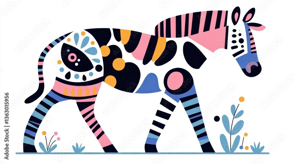 Fototapeta premium Colorful stylized illustration of a zebra in a minimalist design against a white background.