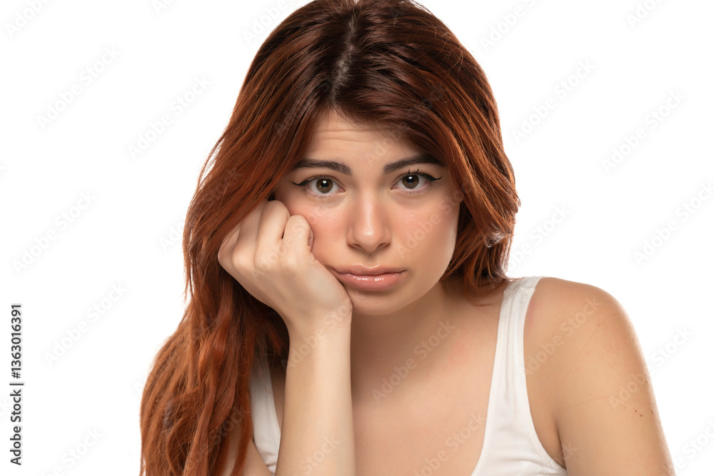 Naklejka premium Young woman with long red hair looking bored or sad, resting chin on hand. White tank top, white background