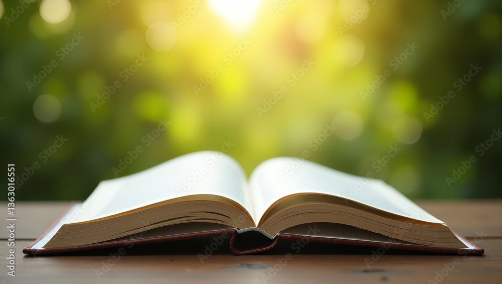 Close Up of Open Book in Home Garden with Nature Bokeh - Peaceful Outdoor Reading Concept Close Up of Open Book in Home Garden with Nature Bokeh - Peaceful Outdoor Reading Concept