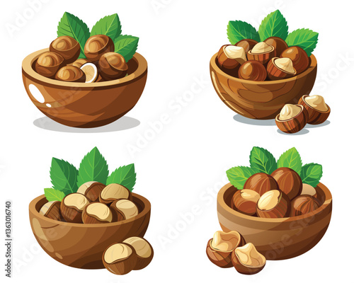 a rustic wooden bowl filled with whole argan fruits, Hazelnut bowls fresh nuts healthy food with green leaves, argan fruits vector illustration concept