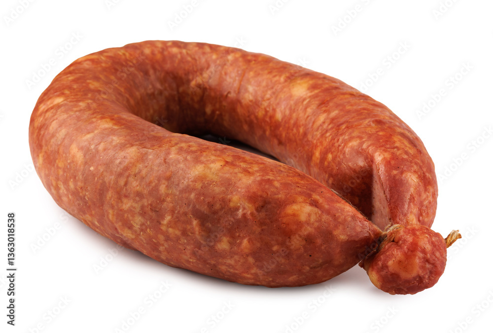Krakow sausage isolated on white background . Circle of smoked sausage . Krakow sausage isolated on white background . Circle of smoked sausage .